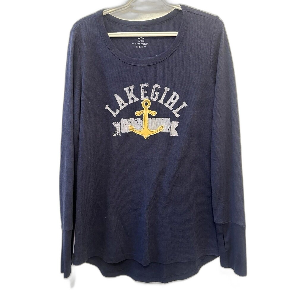 Lakegirl Navy Anchor Thermal Long Sleeve Top XL Made in USA